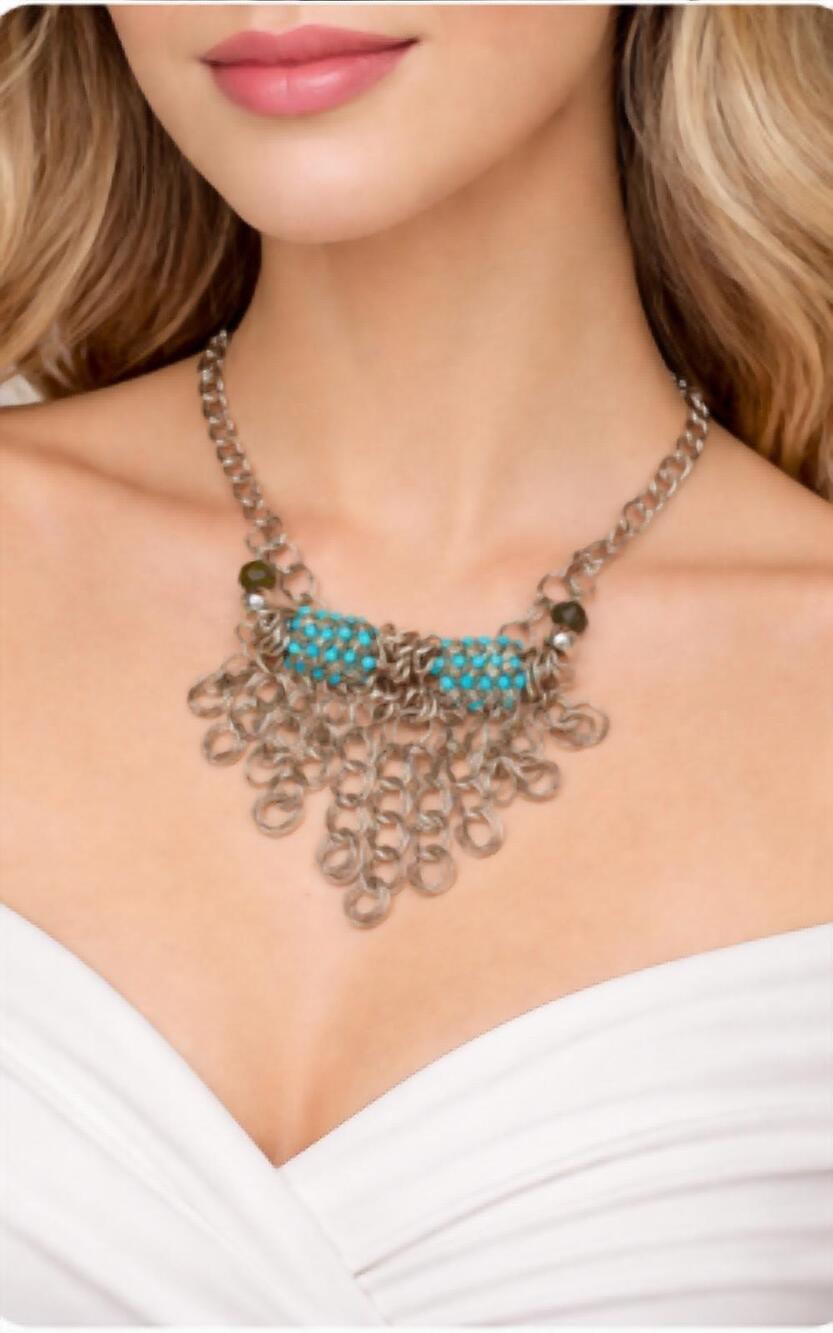 NEW PAM HIRAN bead statement bib necklace in silver/turquoise